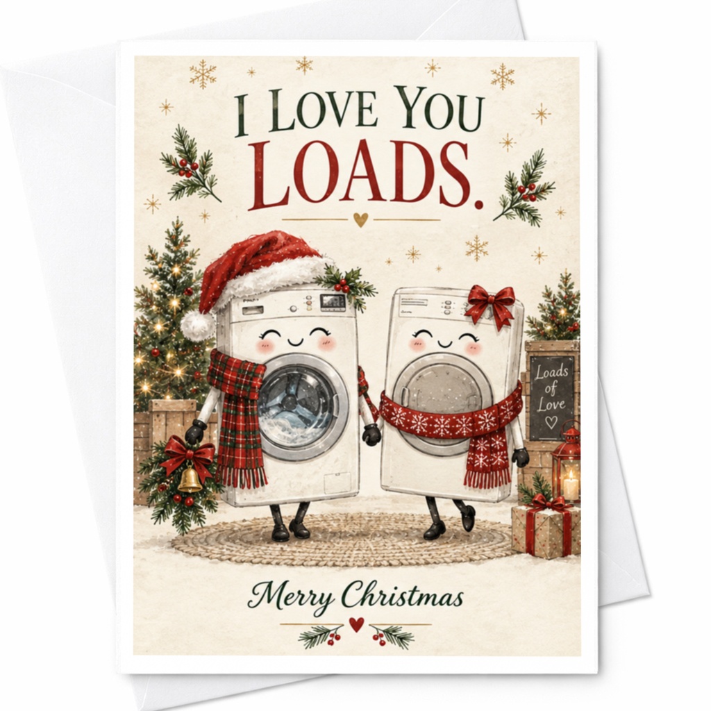 I Love You Loads. Merry Christmas Card Cute Holiday Greeting Card For Couple Funny Washing Machine Christmas Card C7717