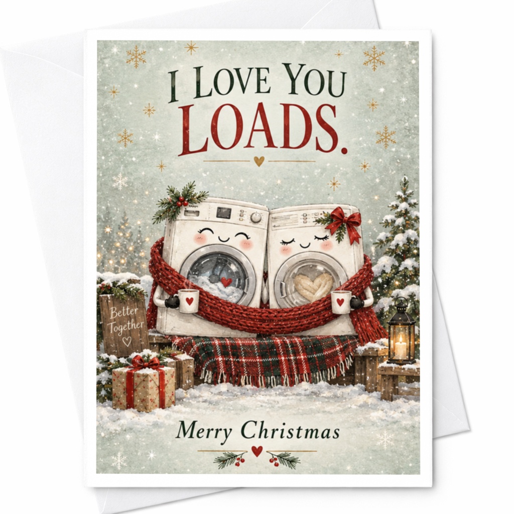 I Love You Loads. Merry Christmas Cute Christmas Card Washing Machines Holiday Greeting Card For Couple Romantic Xmas Card C7718