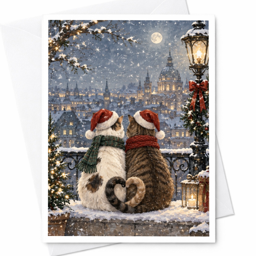 Cat Christmas Card Cute Winter Scene Two Cats Santa Hats Snowy Cityscape Holiday Greeting Card For Cat Lover Romantic C7720
