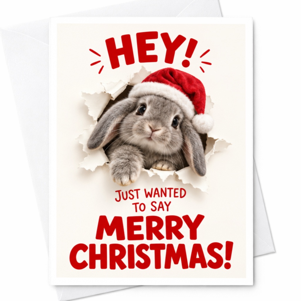 Hey! Just Wanted To Say Merry Christmas! Cute Bunny Christmas Card Santa Hat Holiday Greeting Card For Animal Lover C7668