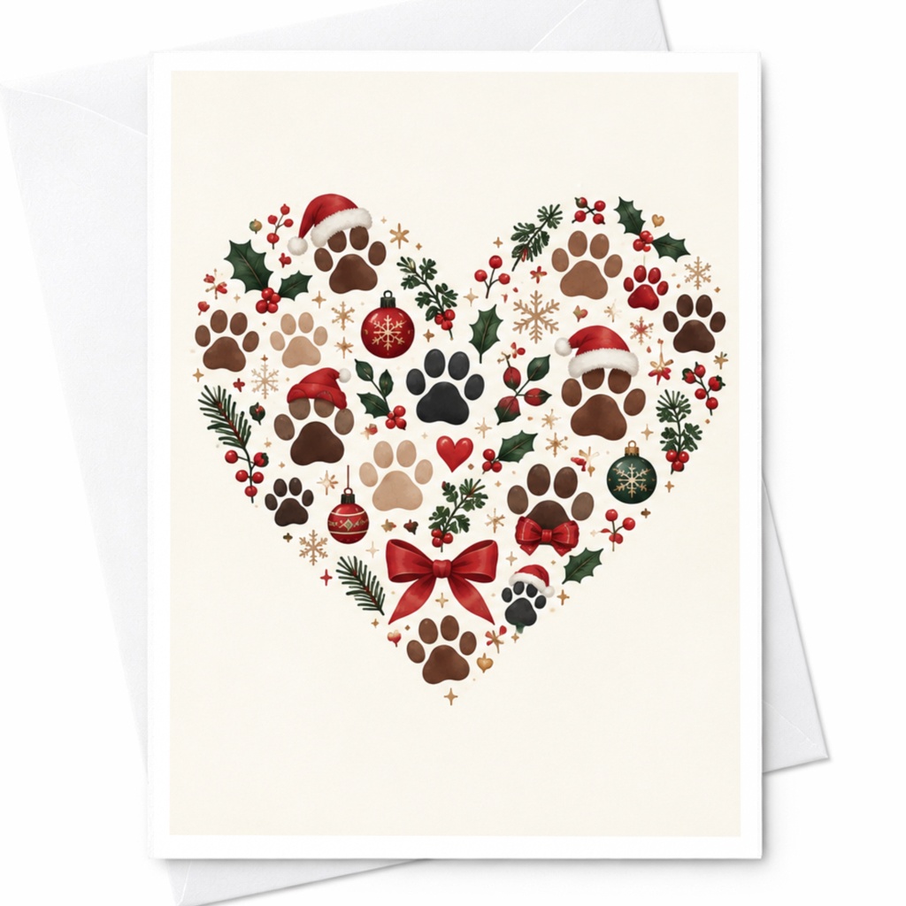 Paw Print Heart Christmas Card Cute Holiday Greeting Card For Dog Lover Festive Animal Card With Santa Hat Ornaments C7723
