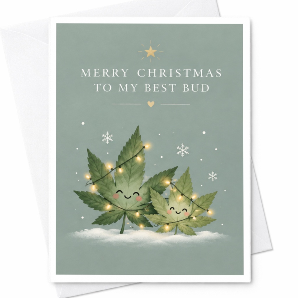 Merry Christmas To My Best Bud Funny Christmas Card Cute Holiday Greeting Card For Friend Cannabis Lover Festive Lights C7670