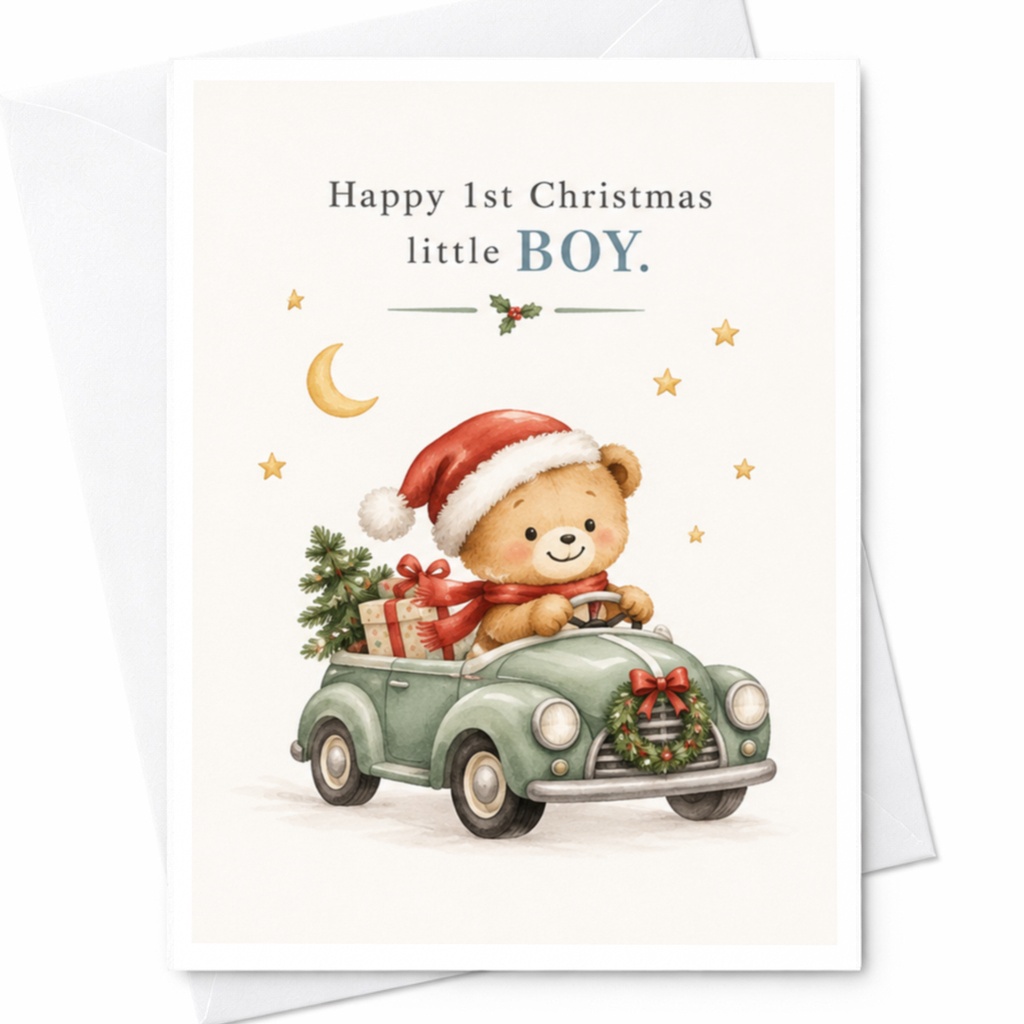 Happy 1st Christmas Little Boy Cute Bear Card Christmas Card For Baby Boy First Christmas Adorable Holiday Card With Gifts C7727