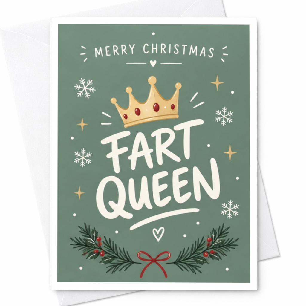 Merry Christmas Fart Queen Funny Christmas Card Holiday Greeting Card For Her Cute Festive Crown C7672