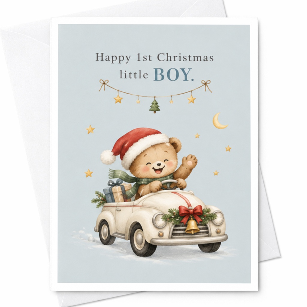 Happy 1st Christmas Little Boy Cute Bear Card Christmas Card For Baby's First Christmas Adorable Holiday Greeting Card C7728