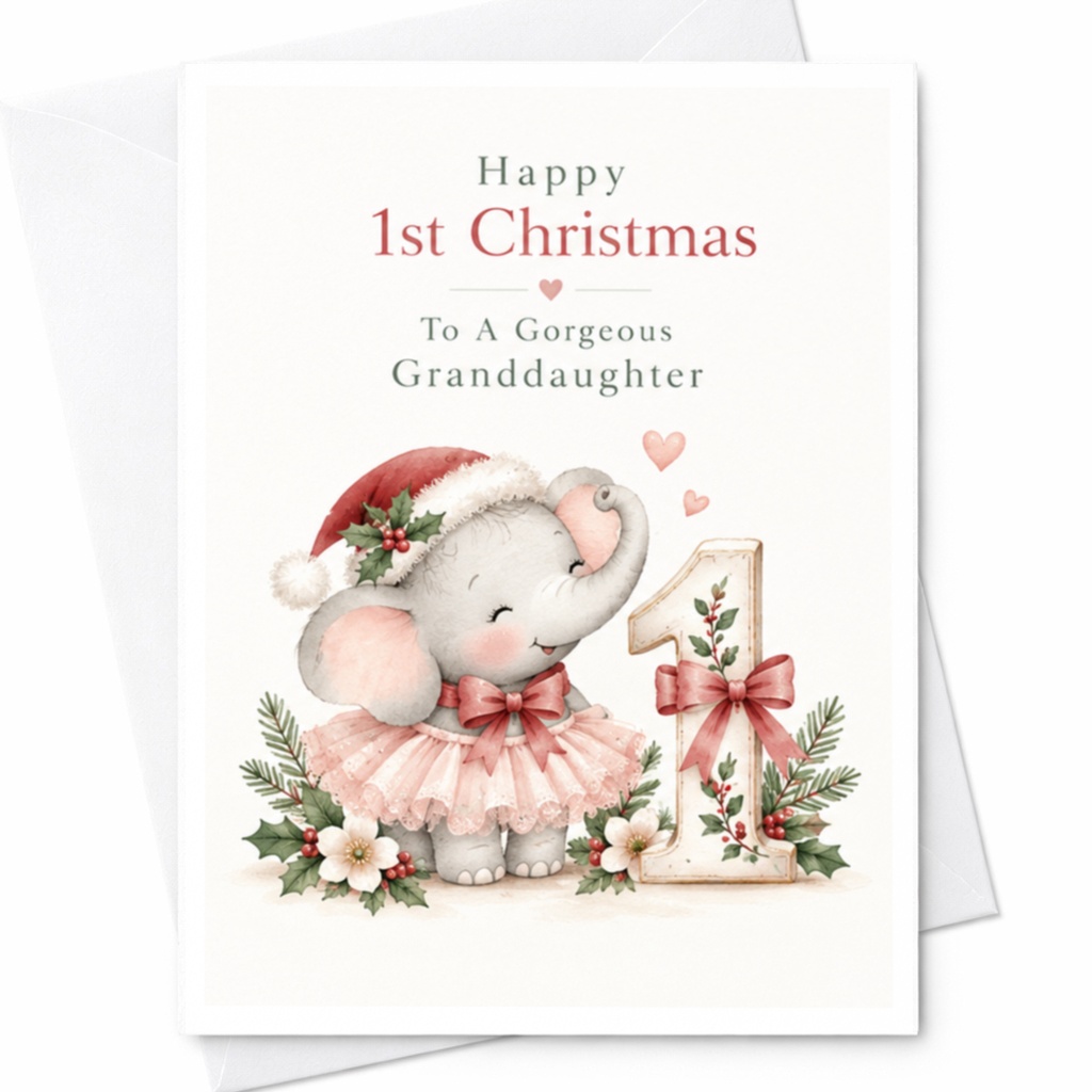 Happy 1st Christmas To A Gorgeous Granddaughter Christmas Card Cute Elephant Holiday Card For Granddaughter First Christmas C7675