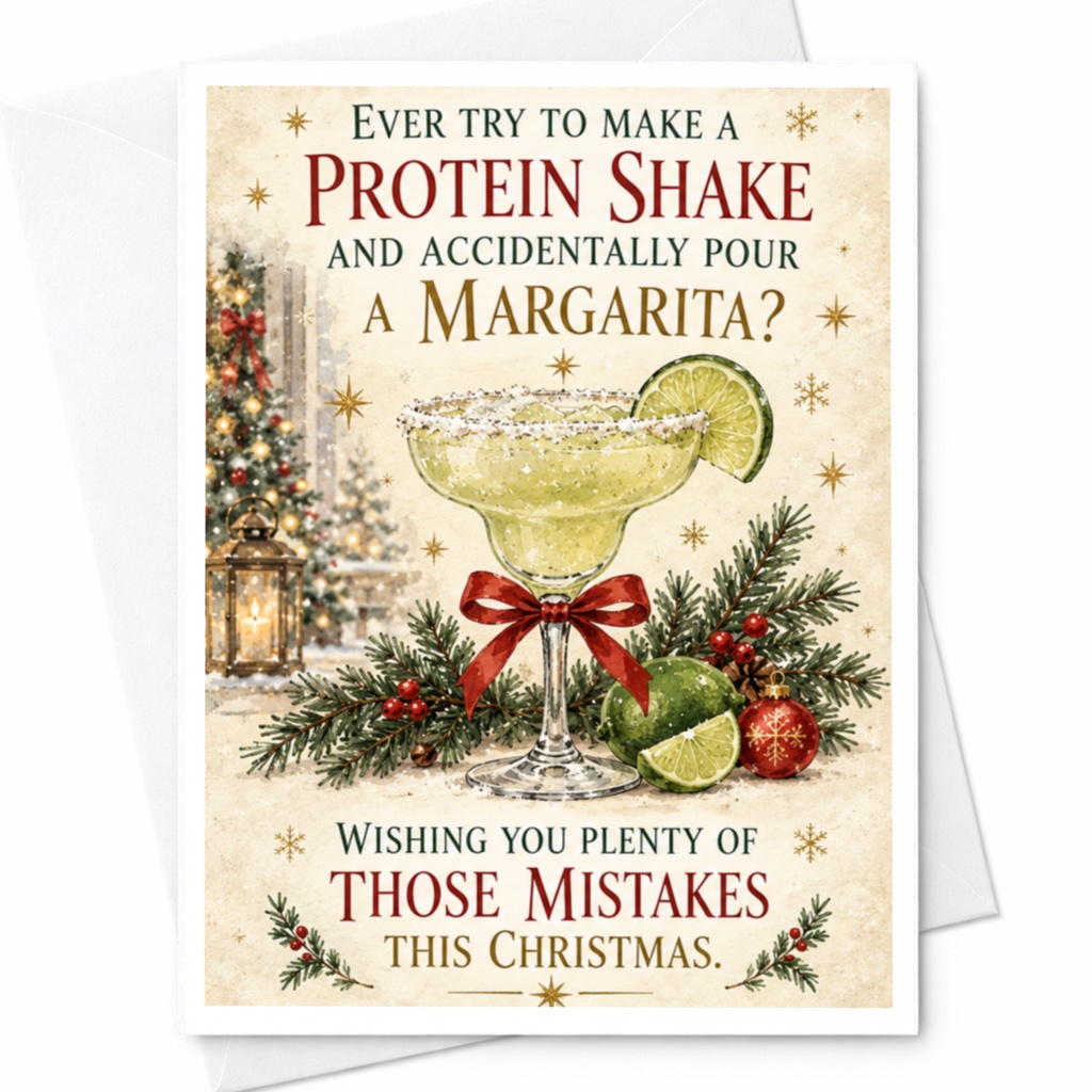 Ever Try To Make A Protein Shake And Accidentally Pour A Margarita? Funny Christmas Card Margarita Holiday For Friend C7731