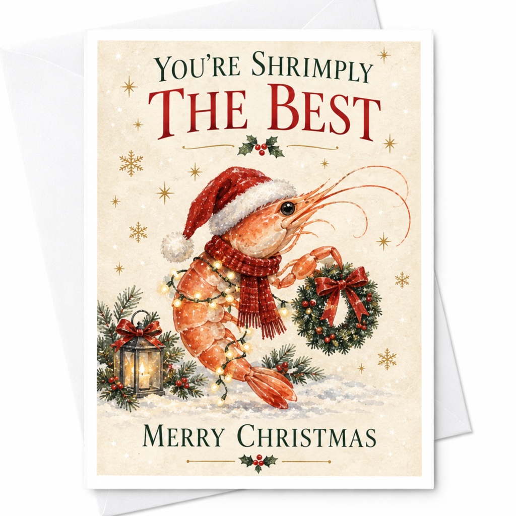 You're Shrimply The Best Merry Christmas Funny Christmas Card Cute Holiday Greeting Card For Friend Family Seafood Lover C7677