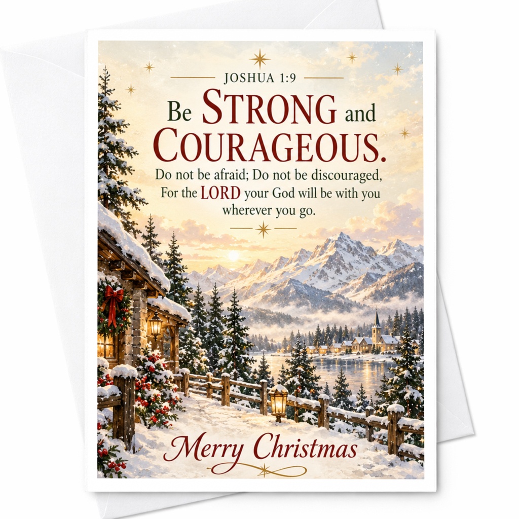 Be Strong And Courageous. Merry Christmas Card Inspirational Holiday Greeting Card Snowy Cabin Scene Religious Christmas Card C7733