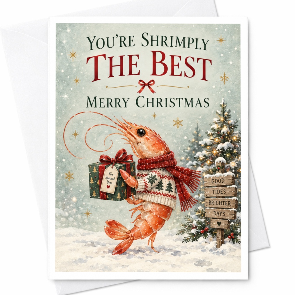 You're Shrimply The Best Merry Christmas Cute Christmas Card Shrimp Illustration Holiday Greeting Card For Friend Family C7678