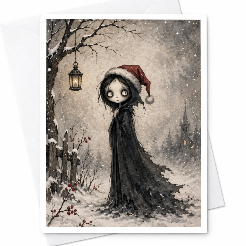 Gothic Christmas Card Dark Winter Scene With Girl In Santa Hat Unique Holiday Greeting Card For Gothic Art Lovers C7679