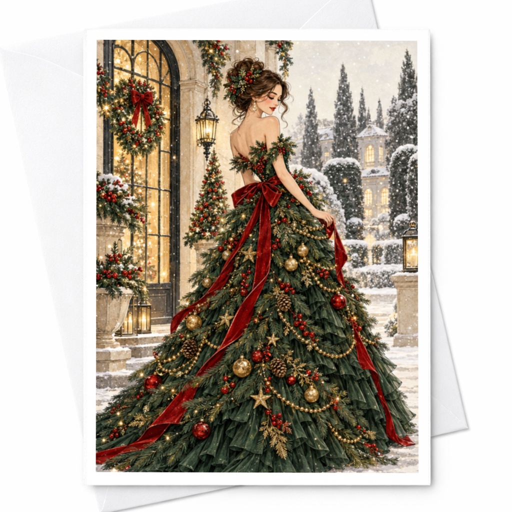 Elegant Christmas Card Woman In Christmas Tree Dress Holiday Greeting Card Festive Winter Scene For Her Seasonal Art Card C7737