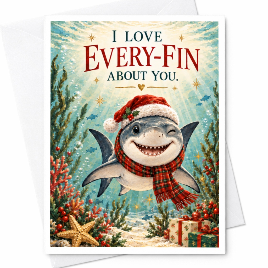 I Love Every-Fin About You Christmas Card Cute Shark Holiday Card For Him Her Funny Ocean Lover Festive Greeting Card C7681