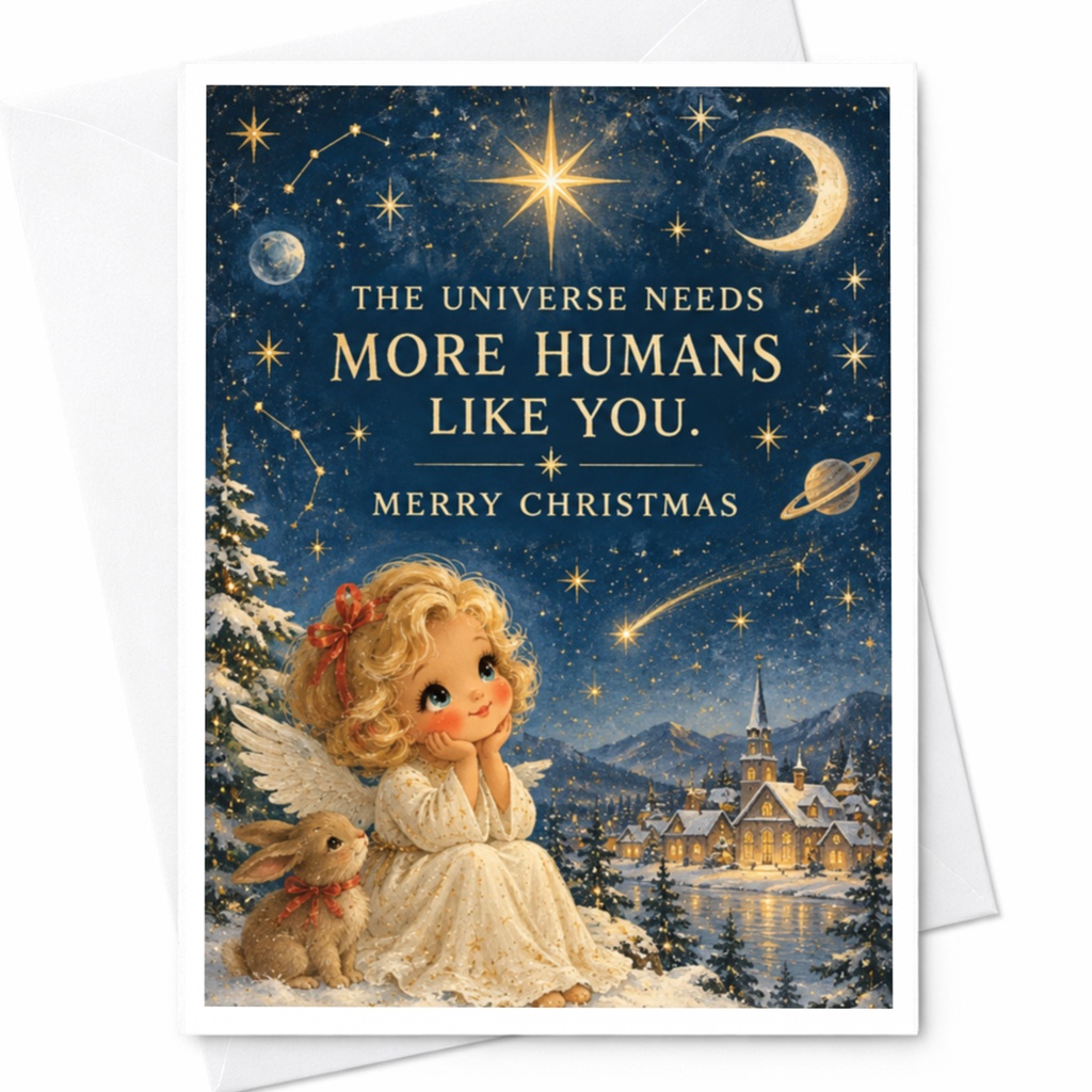 The Universe Needs More Humans Like You. Merry Christmas Angel Christmas Card Cute Holiday Greeting Card Winter Scene C7690