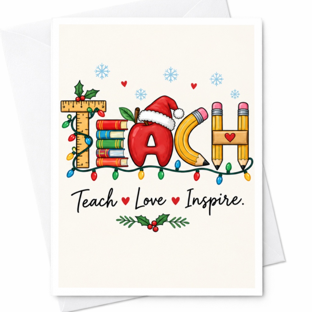 Teach Love Inspire Christmas Card Festive Teacher Greeting Card Holiday Card For Educator Cute Teacher Appreciation C7746