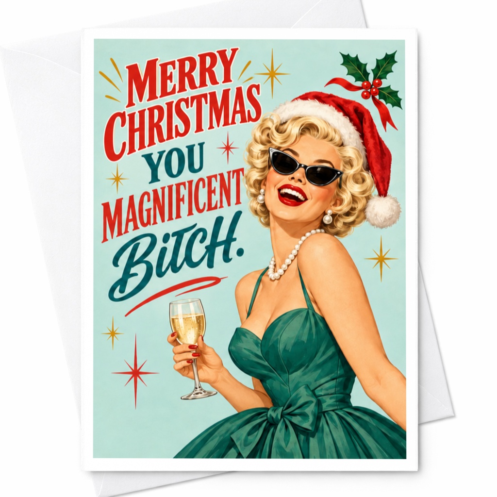 Merry Christmas You Magnificent Bitch Funny Christmas Card Retro Style Holiday Greeting Card For Friend C7749