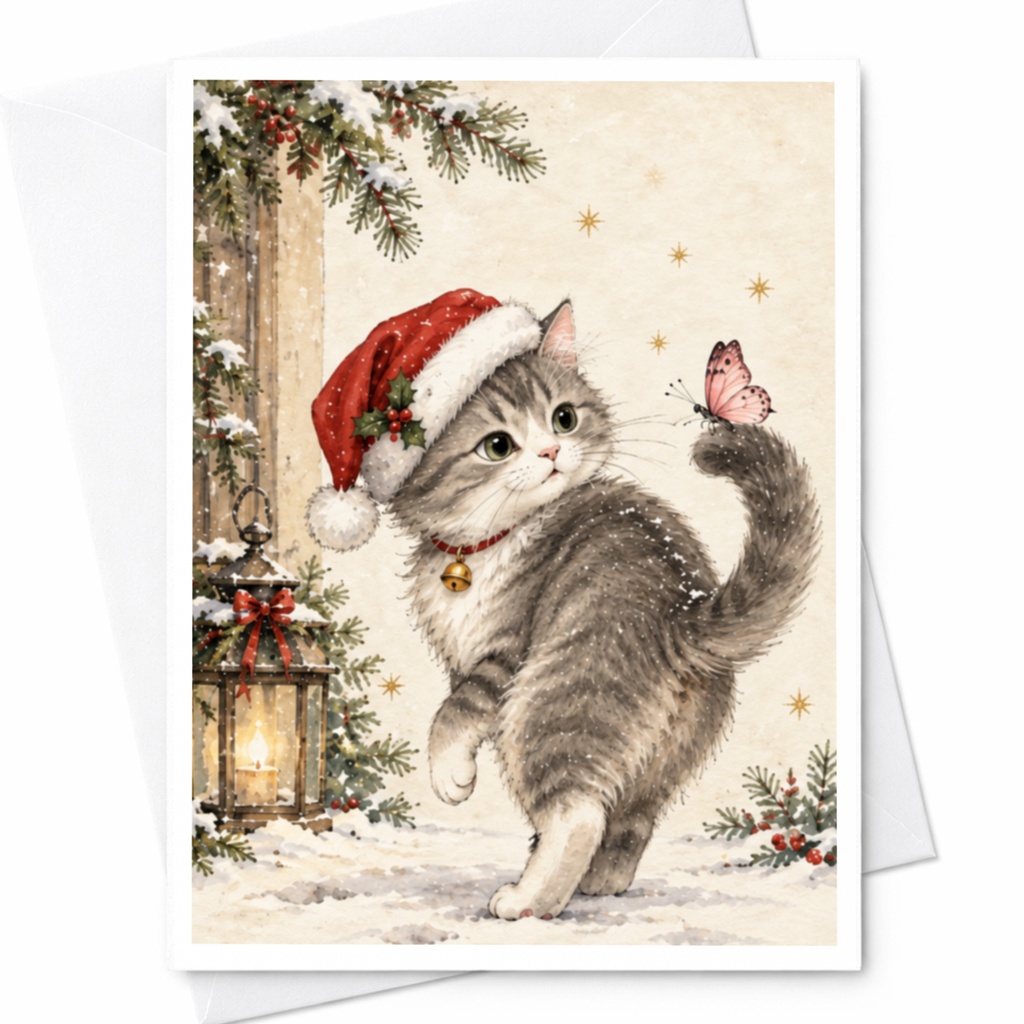 Christmas Cat Greeting Card Cute Holiday Card With Santa Hat And Butterfly Winter Scene For Cat Lovers Festive Xmas Card C7696