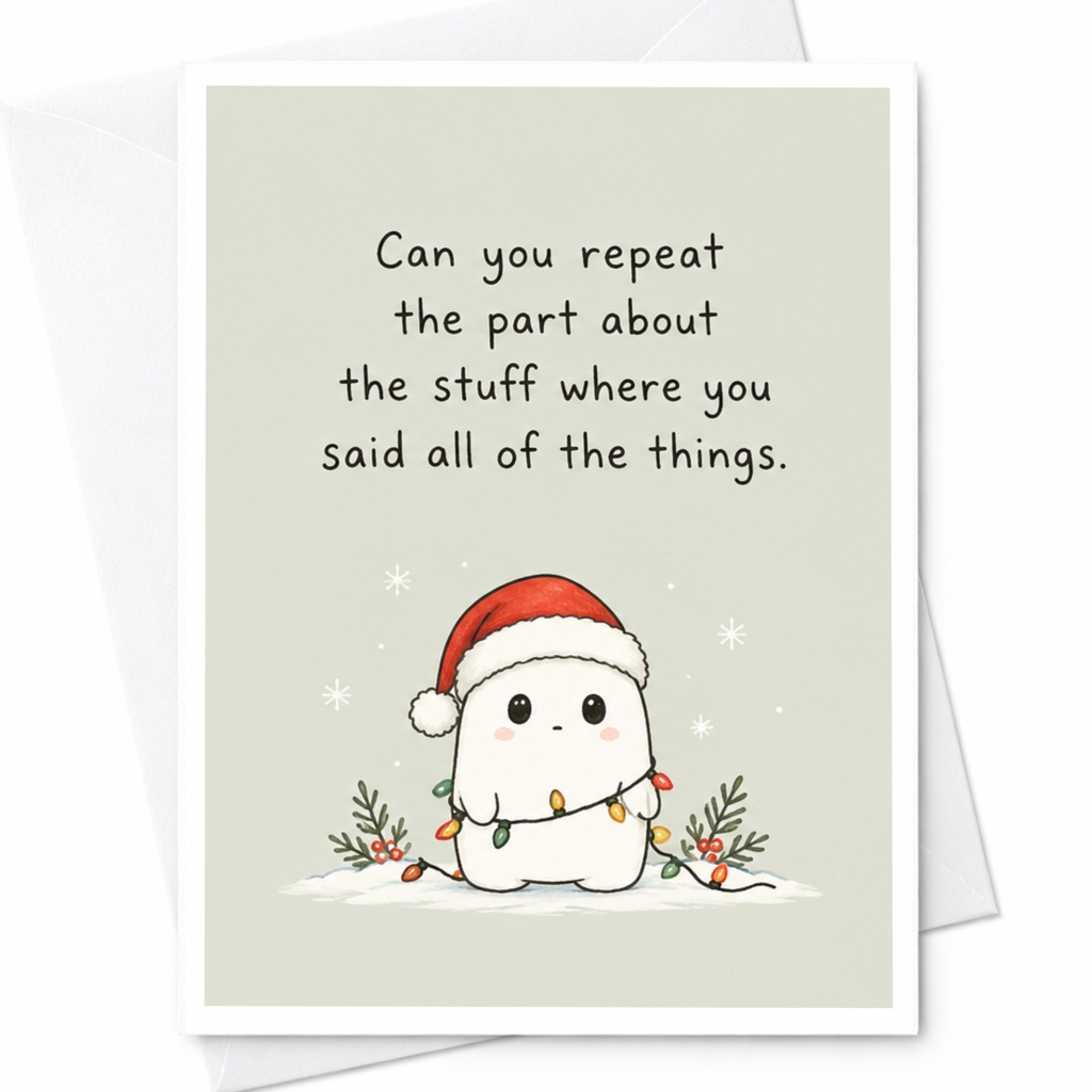 Can You Repeat The Part About The Stuff Where You Said All Of The Things Funny Christmas Card Cute Santa Hat Character Holiday Car C7701