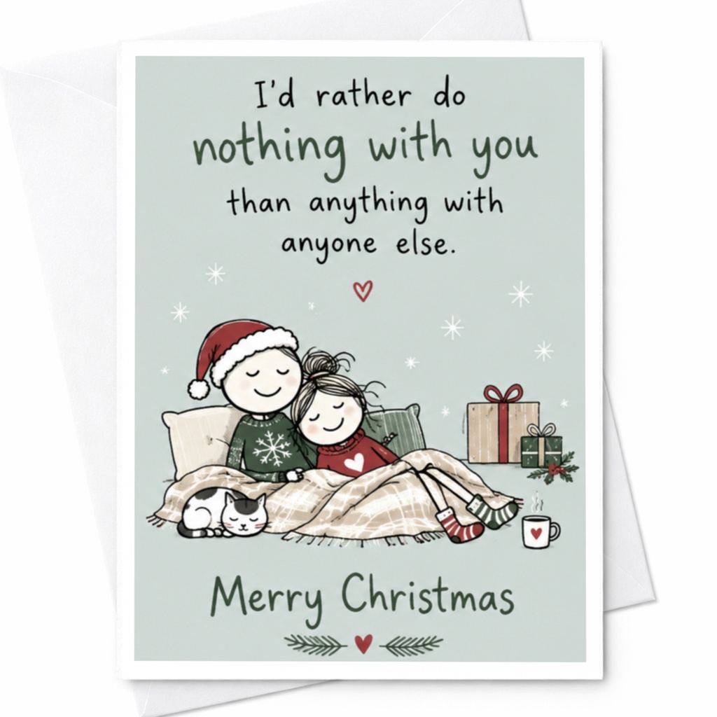 I'd Rather Do Nothing With You Merry Christmas Card Cute Couple Holiday Greeting Card Cozy Winter Scene With Cat C7703
