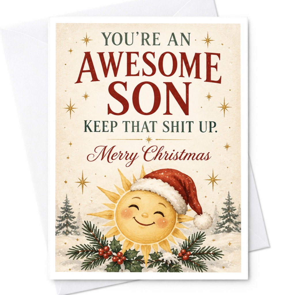You're An Awesome Son Keep That Shit Up. Merry Christmas Card Funny Holiday Greeting For Son Cute Sun With Santa Hat Xmas Card C7713