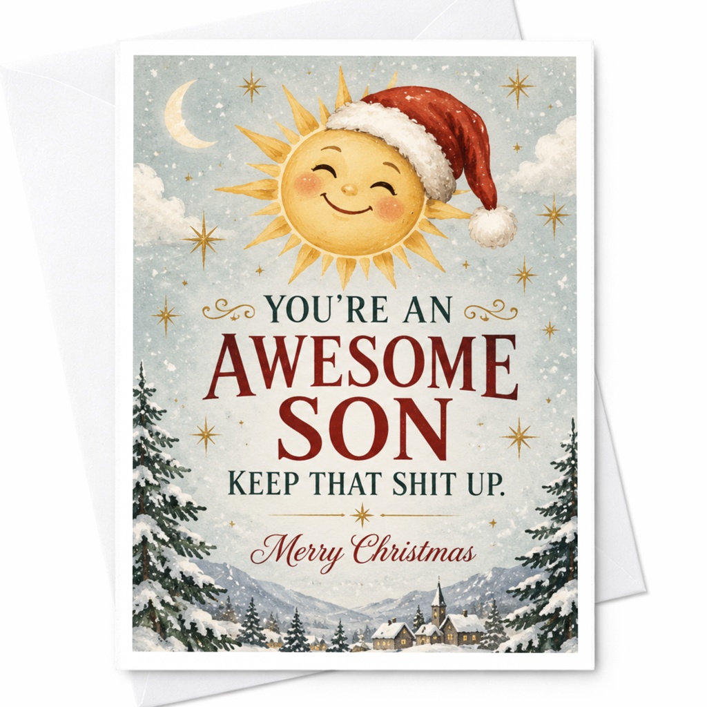 You're An Awesome Son Keep That Shit Up. Merry Christmas Card Funny Holiday Card For Son Cute Sun With Santa Hat C7714