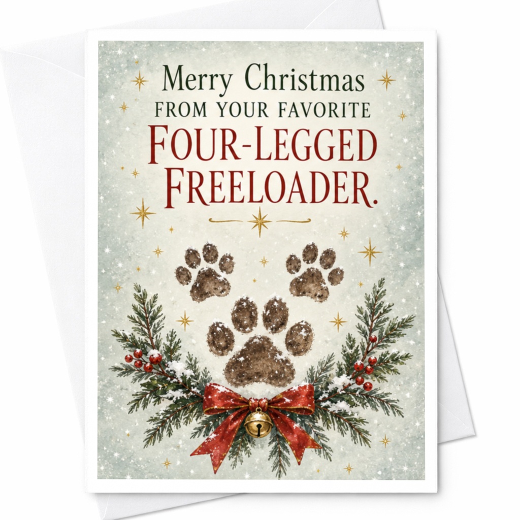 Merry Christmas From Your Favorite Four-Legged Freeloader Christmas Card Funny Dog Lover Holiday Greeting Card Cute Pet Paw Print C7716