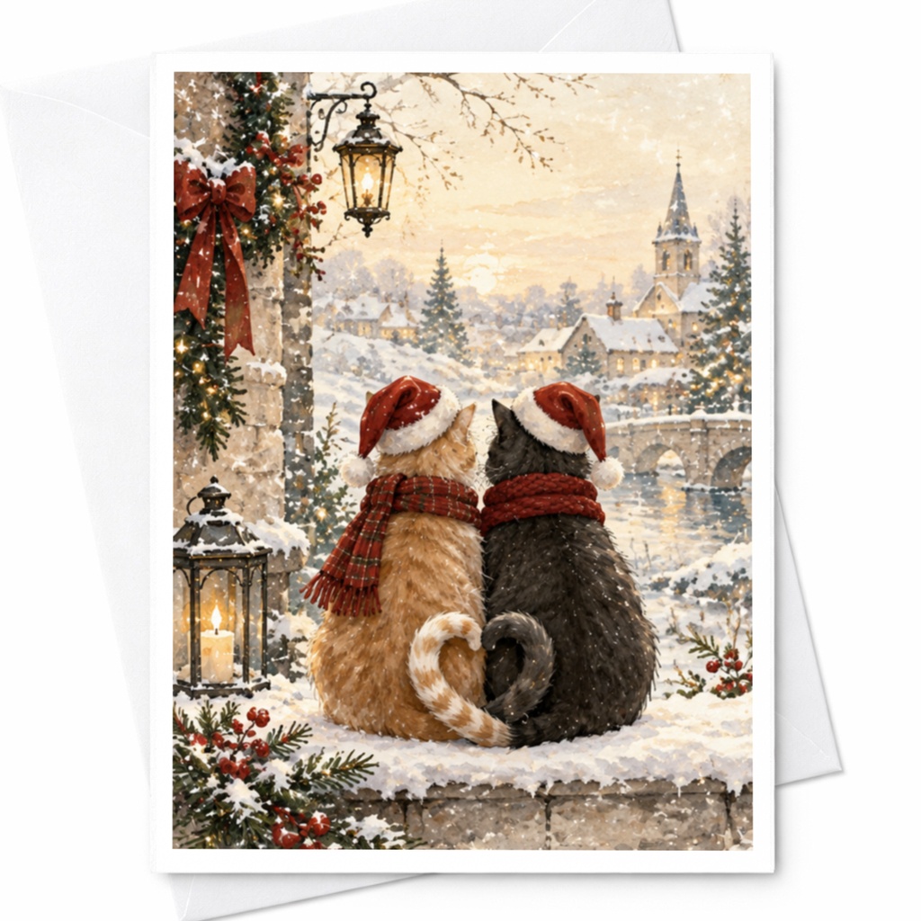 Christmas Cats Card Cute Winter Scene Greeting Card For Cat Lover Holiday Card Cozy Snowy Village Animal Lover Card C7719