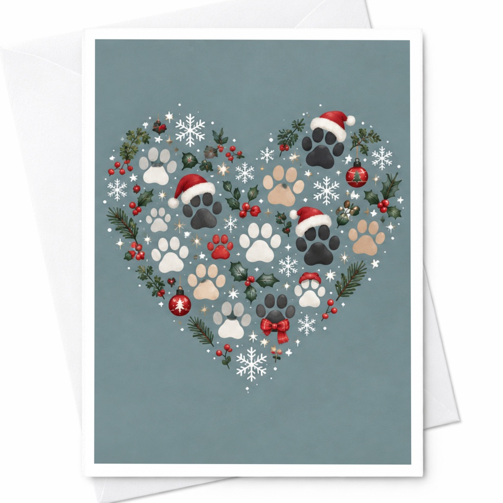 Paw Print Heart Christmas Card Cute Holiday Greeting Card For Dog Lover Festive Animal Card With Santa Hat Snowflakes C7724