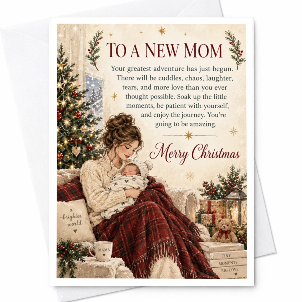 To A New Mom Merry Christmas Card New Mom Holiday Greeting Card Mother And Baby Christmas Card Cozy Winter Scene C7752