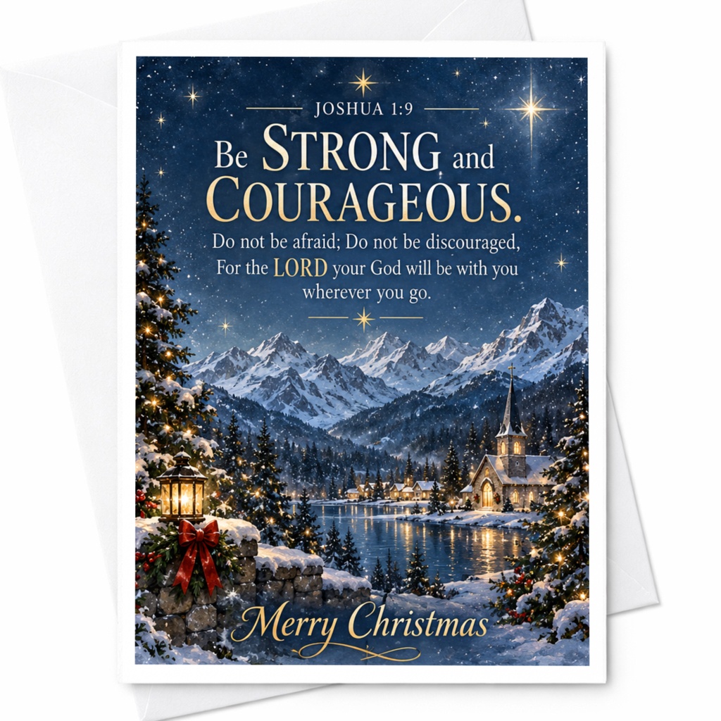 Be Strong And Courageous. Merry Christmas Card Inspirational Holiday Greeting Card Winter Scene Religious Christmas Card C7734