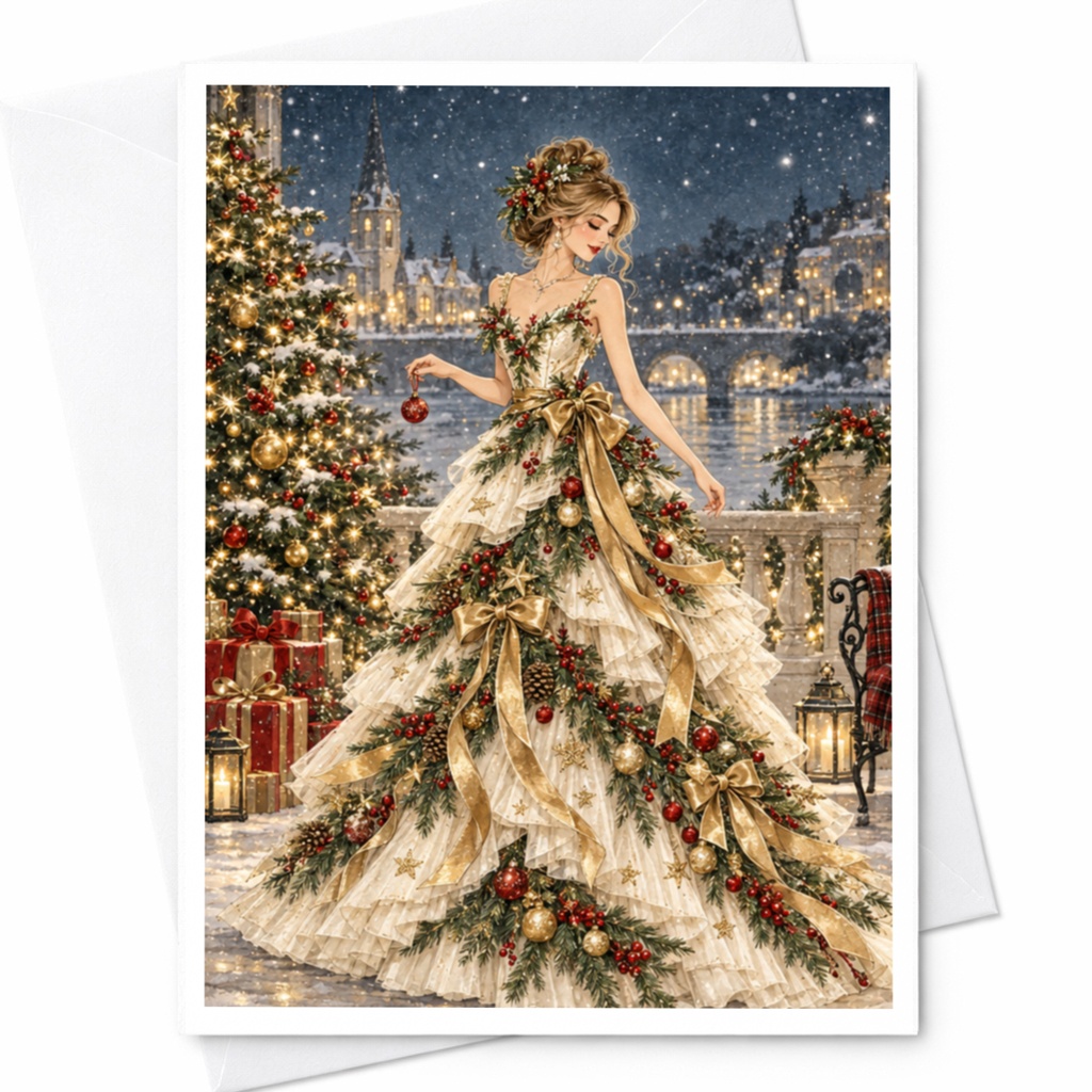 Elegant Christmas Card Woman In Tree Dress Holiday Greeting Card Festive Winter Scene For Her Seasonal Celebration C7738
