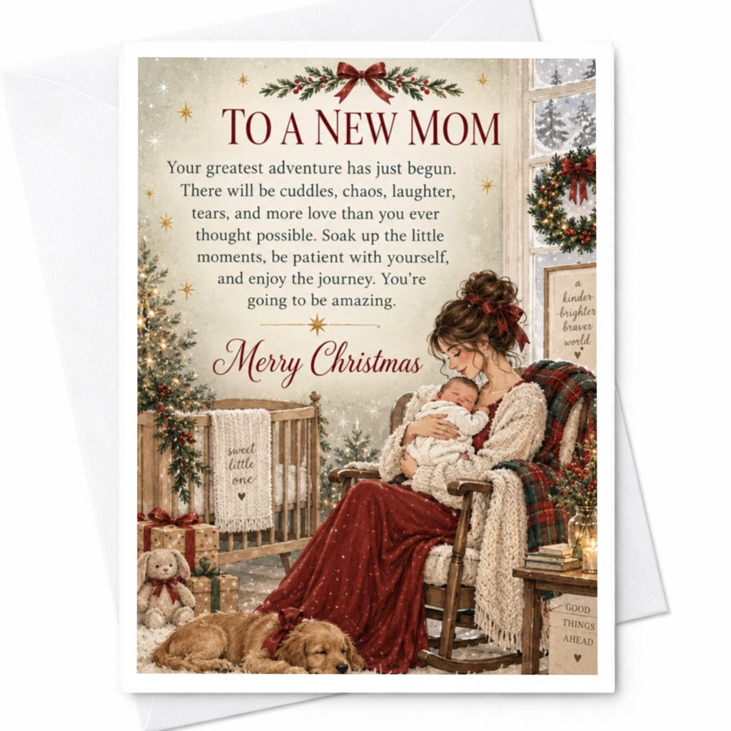 To A New Mom Merry Christmas Card New Mom Holiday Greeting Card First Christmas Mother Baby Cute Festive Card C7739