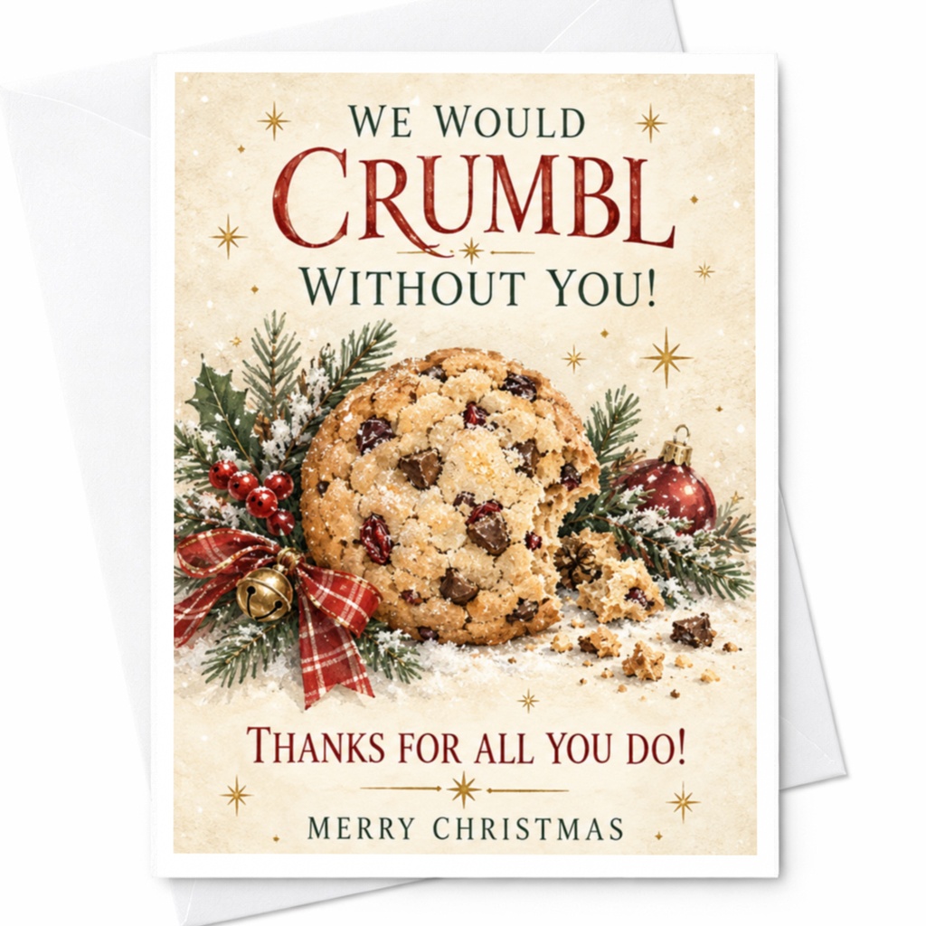 We Would Crumbl Without You! Christmas Card Thanks For All You Do Merry Christmas Cookie Holiday Greeting Card C7740