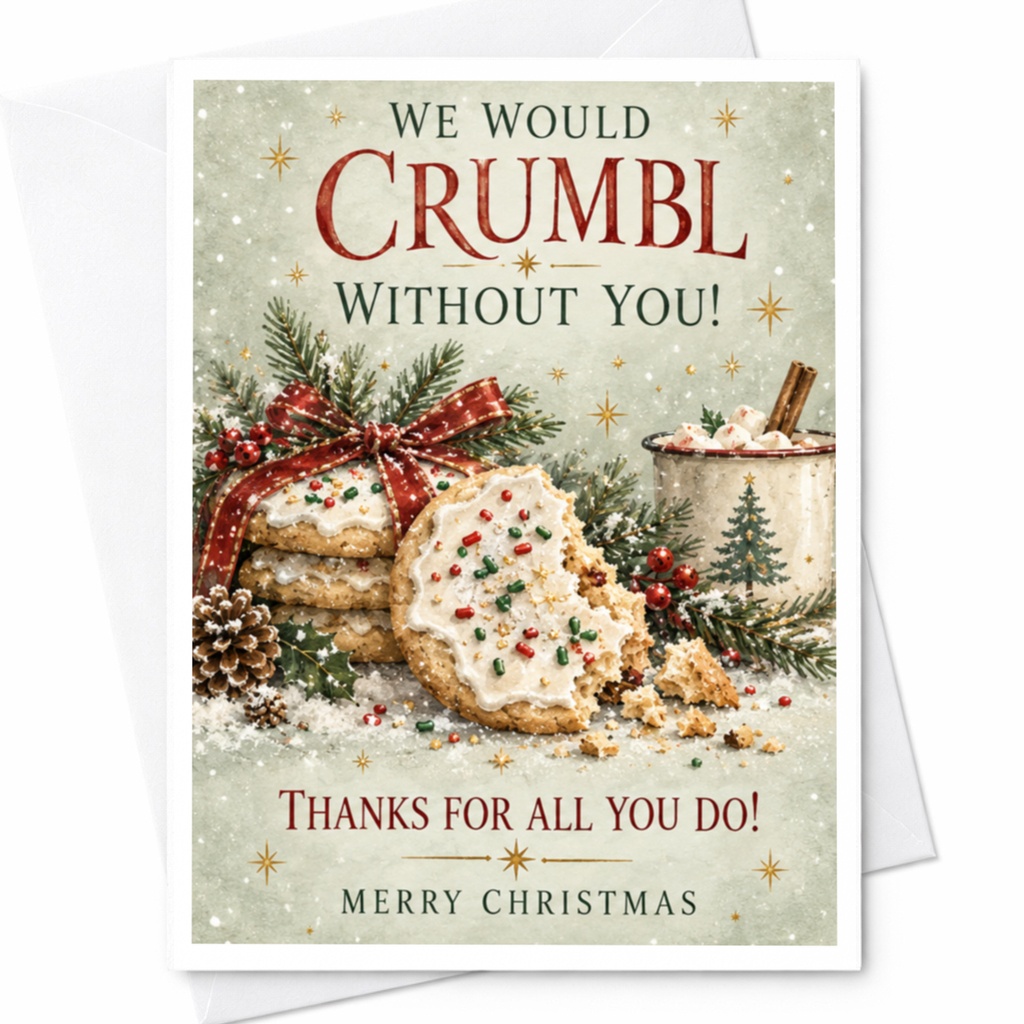 We Would Crumbl Without You! Christmas Card Thanks For All You Do Holiday Greeting Card Festive Cookies Merry Christmas C7741