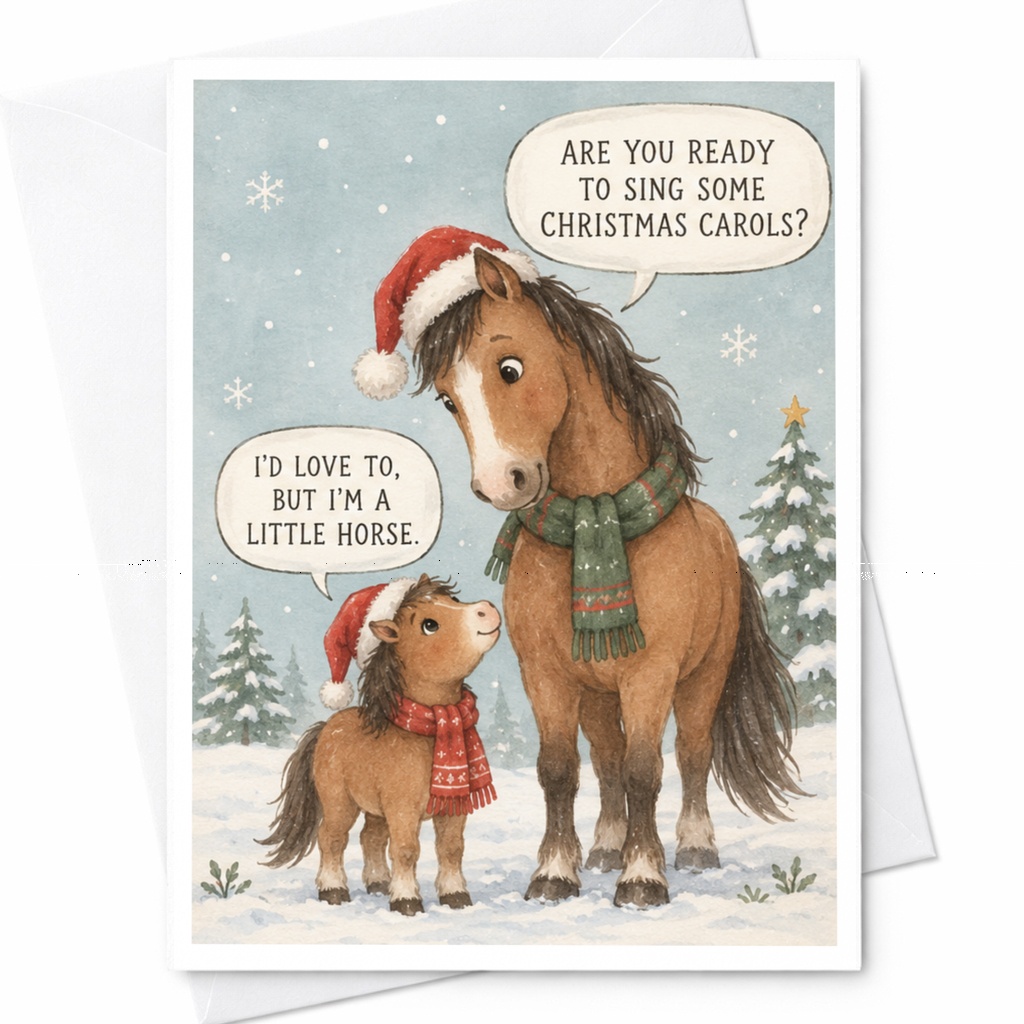 Are You Ready To Sing Some Christmas Carols? I'd Love To, But I'm A Little Horse. Funny Christmas Card Cute Horse Holiday Card Ani C7745