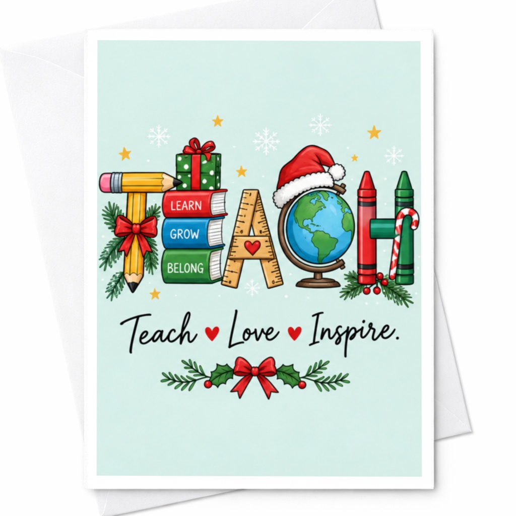 Teach Love Inspire Christmas Card Festive Teacher Holiday Greeting Card Cute Santa Hat For Educators C7747