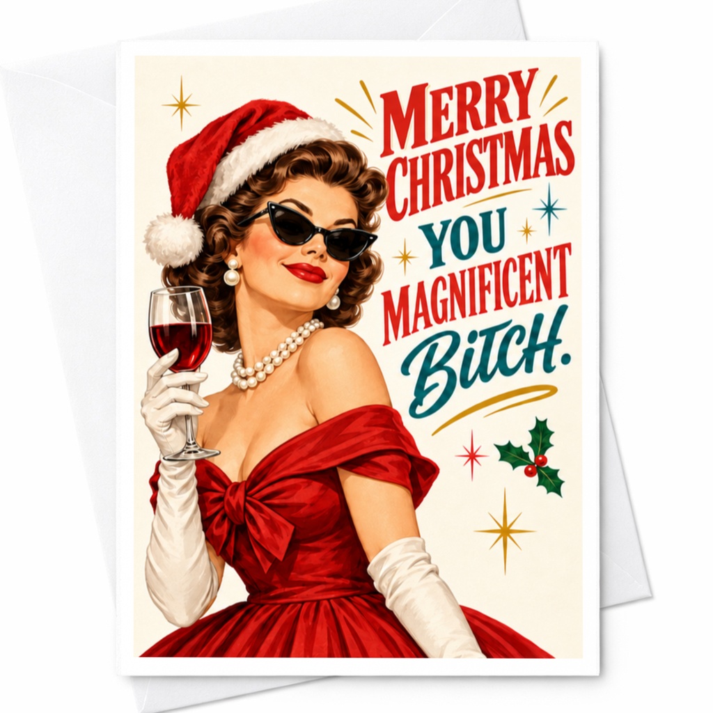 Merry Christmas You Magnificent Bitch Funny Christmas Card Retro Woman With Wine Santa Hat Holiday Greeting Card C7748