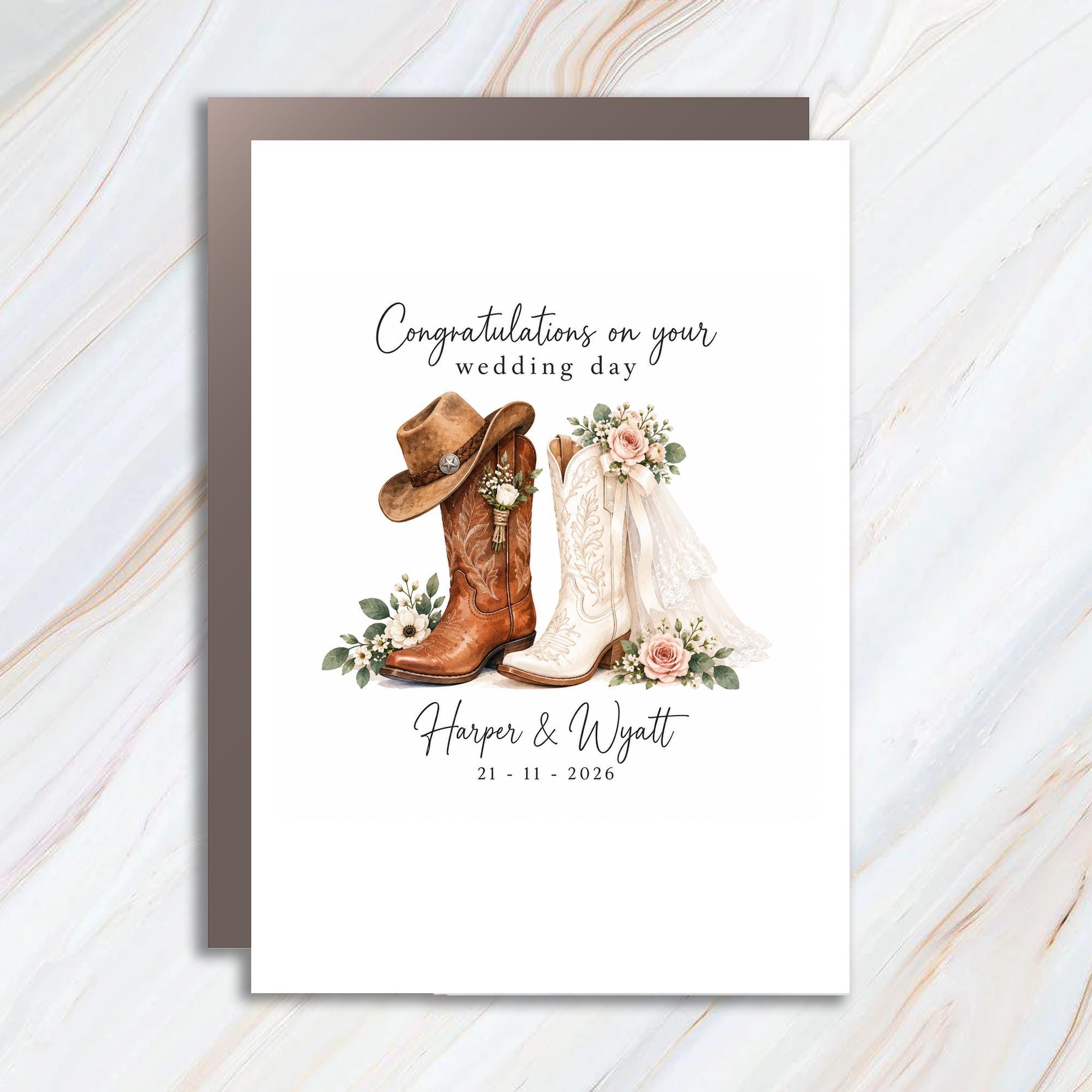 Congratulations On Your Wedding Day Cowboy Boots Wedding Card Western Bride Groom Country Theme Personalized C1928