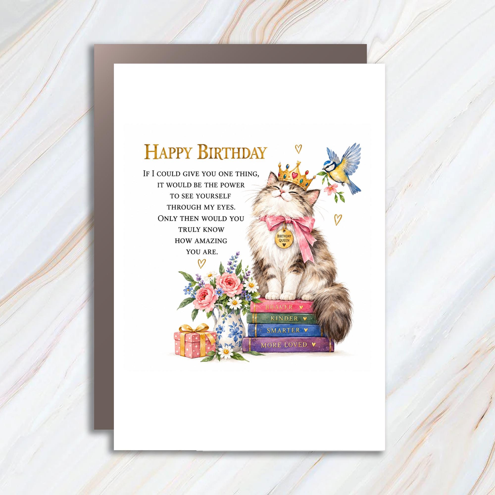 Happy Birthday Inspirational Cat Birthday Card Cute Animal Greeting Card For Her With Flowers Crowned Cat C1924