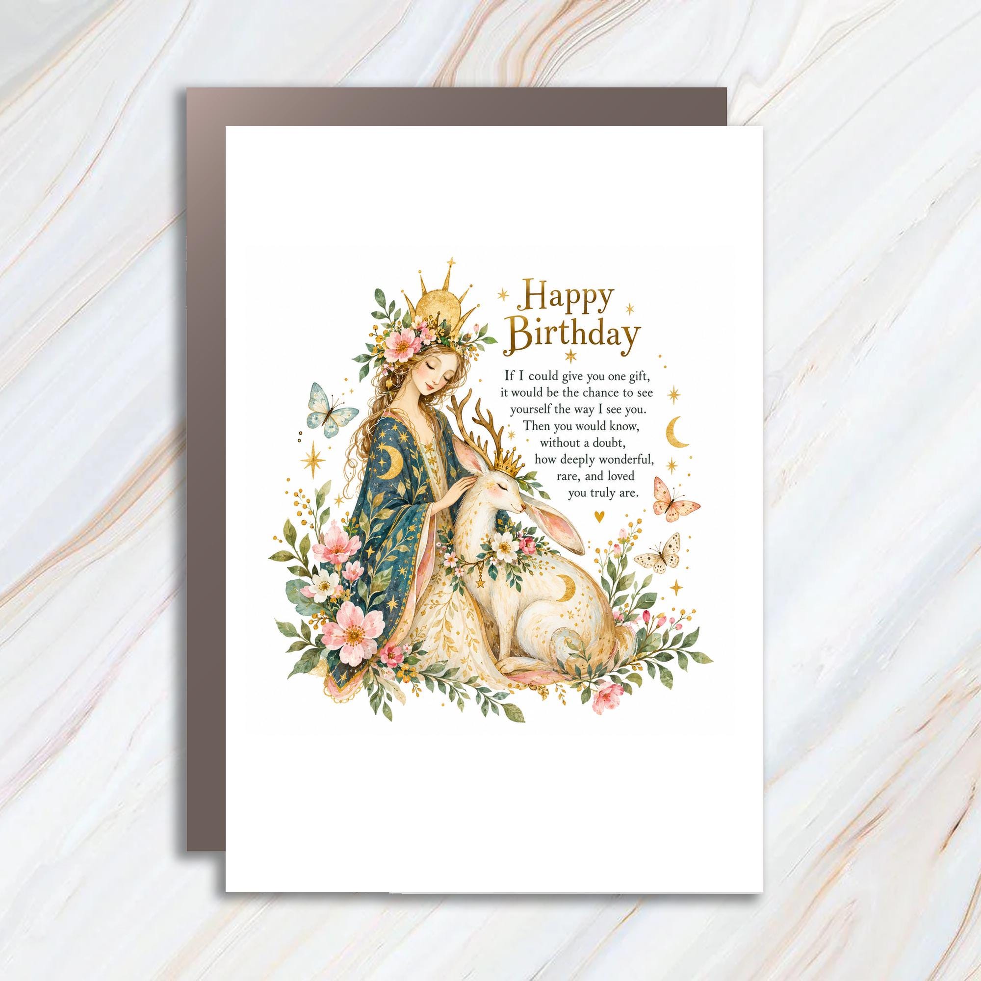 Happy Birthday Floral Goddess Birthday Card Magical Deer Illustration For Her Whimsical Greeting Card Unique Birthday Wishes C1925