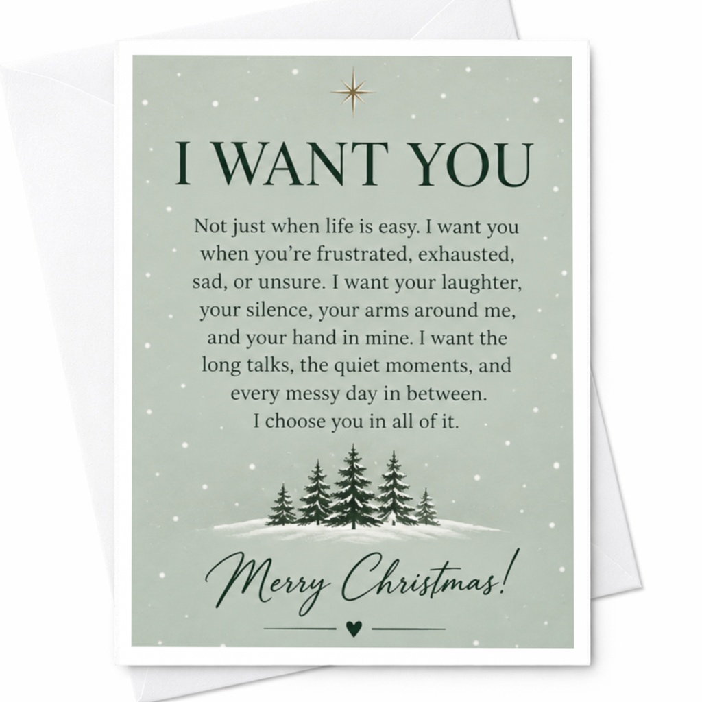 I Want You Merry Christmas Card Romantic Holiday Greeting Card For Partner Spouse Cute Christmas Trees Snowy Scene C7762