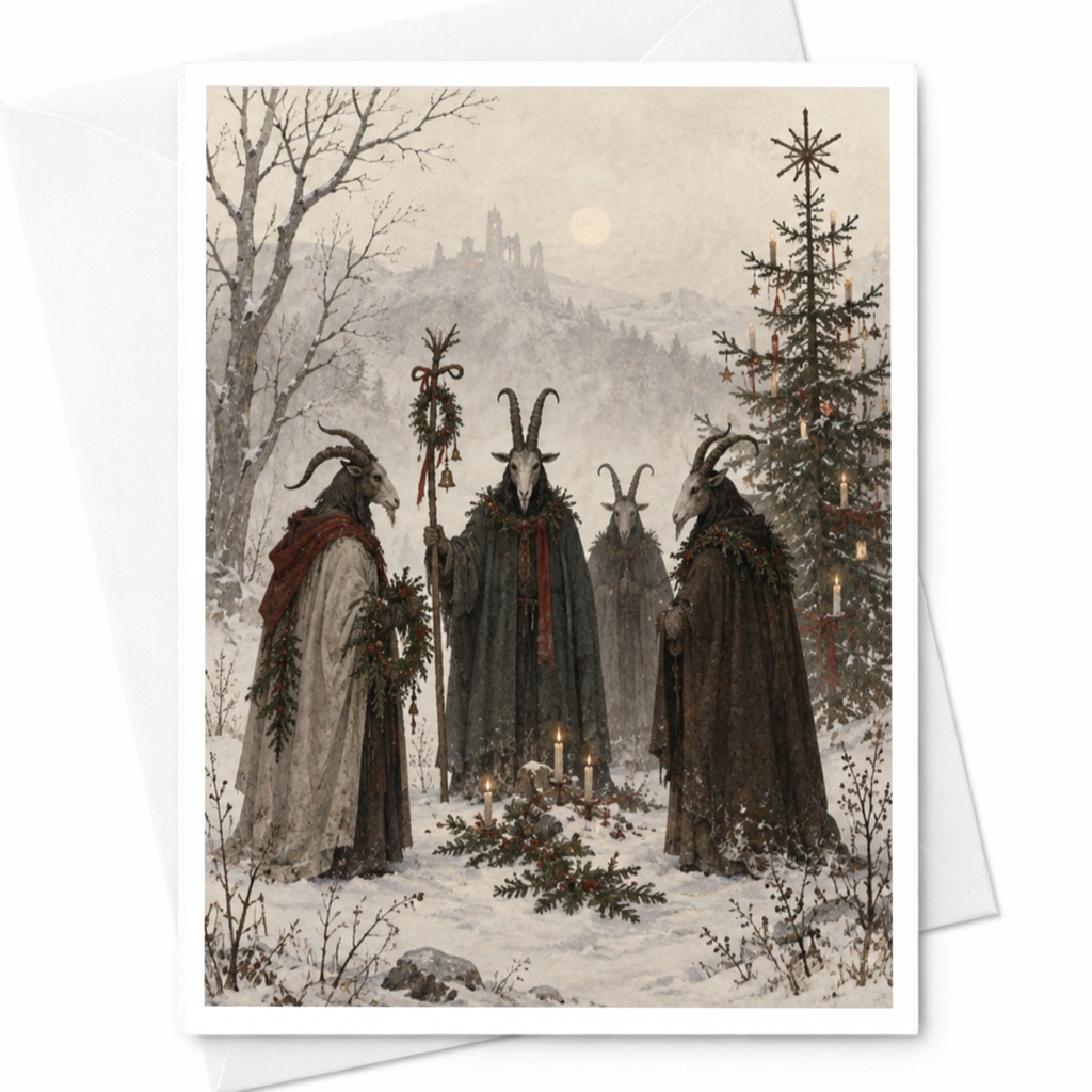 Winter Solstice Goat Figures Card Blank Greeting Card Mystical Winter Scene Pagan Yule Card Fantasy Art For Nature Lover C7765