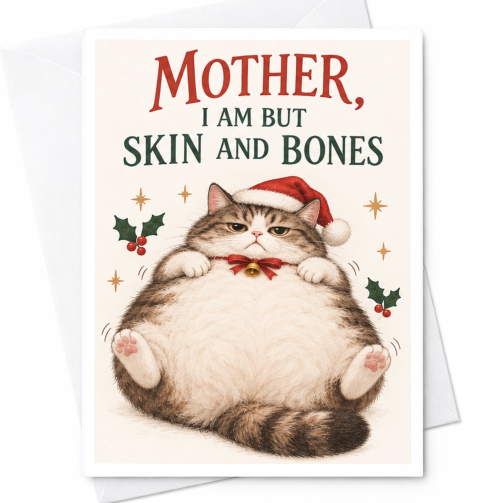 Mother, I Am But Skin And Bones Funny Christmas Card Cute Cat With Santa Hat Holiday Card For Mom Xmas Card C7769