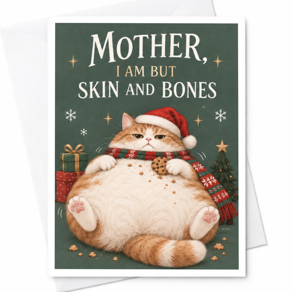 Mother, I Am But Skin And Bones Funny Christmas Card Cute Cat Santa Hat Holiday Card For Mom Festive Greeting Card C7770