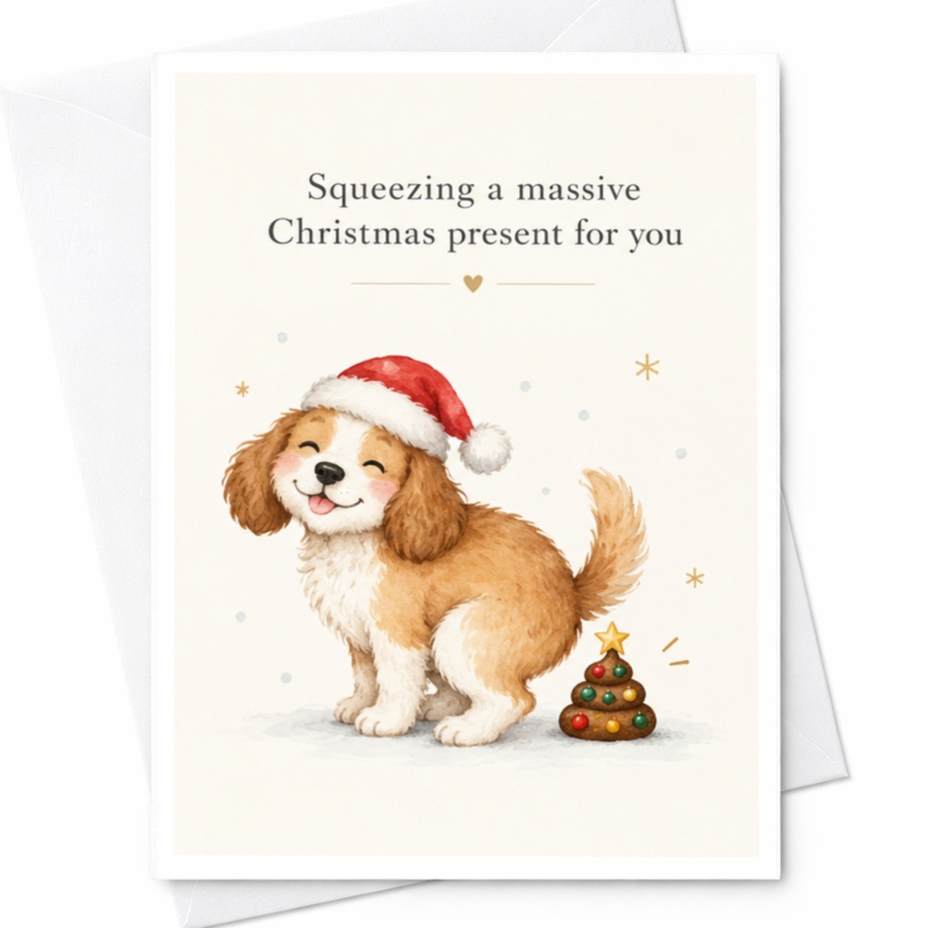 Squeezing A Massive Christmas Present For You Funny Christmas Card Dog With Santa Hat Cute Holiday Greeting Card For Dog Lovers C7771