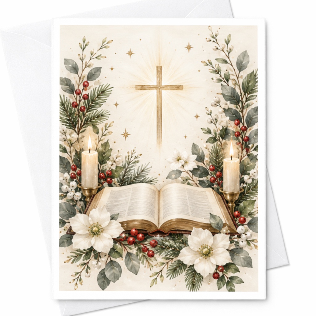 Religious Christmas Greeting Card Bible Candles Floral Arrangement Holiday Card Christian Faith Card Spiritual Celebration C7775