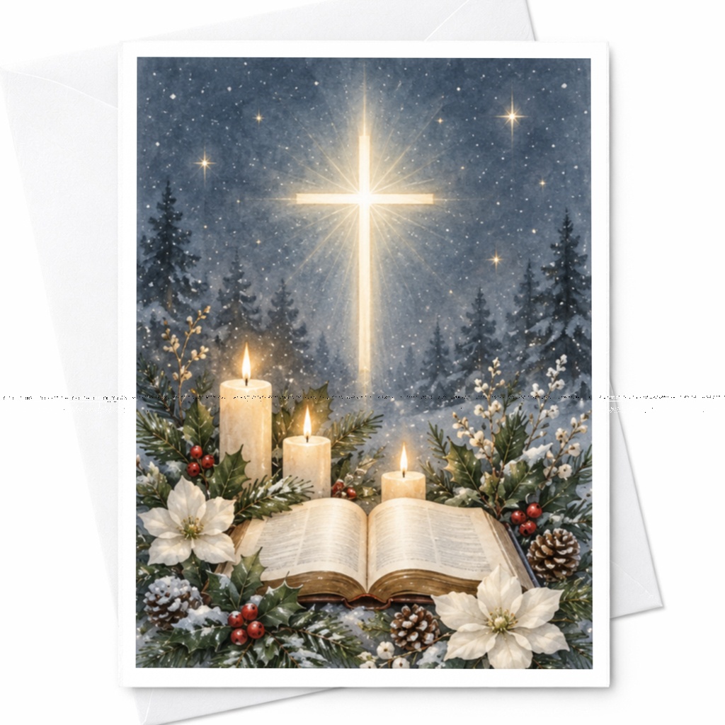 Christmas Card Candles And Cross Winter Scene Religious Holiday Greeting Card Spiritual Christmas Card For Family C7776