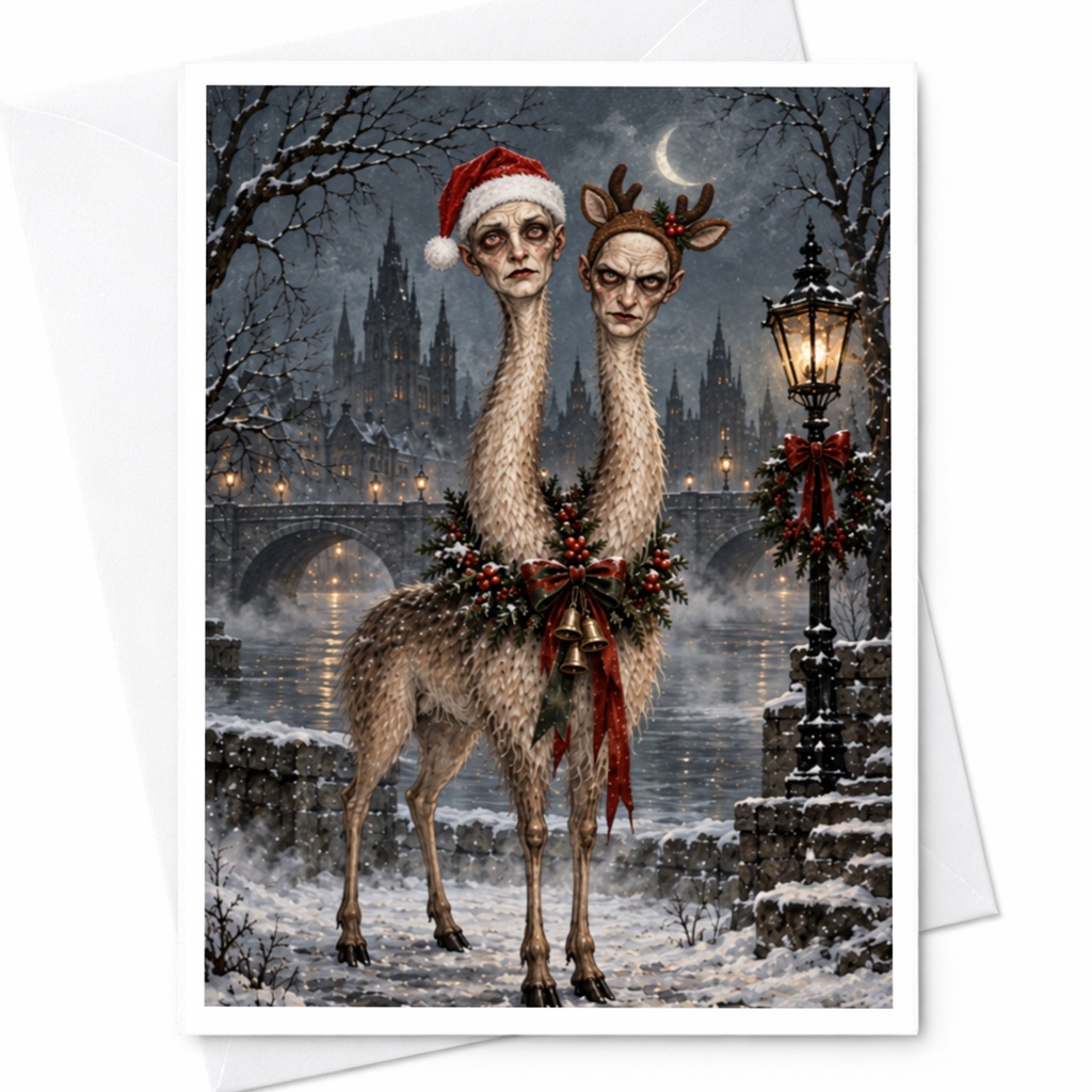 Two-Headed Llama Christmas Card Funny Holiday Greeting Card Unique Animal Art Winter Scene For Friends Family C7782