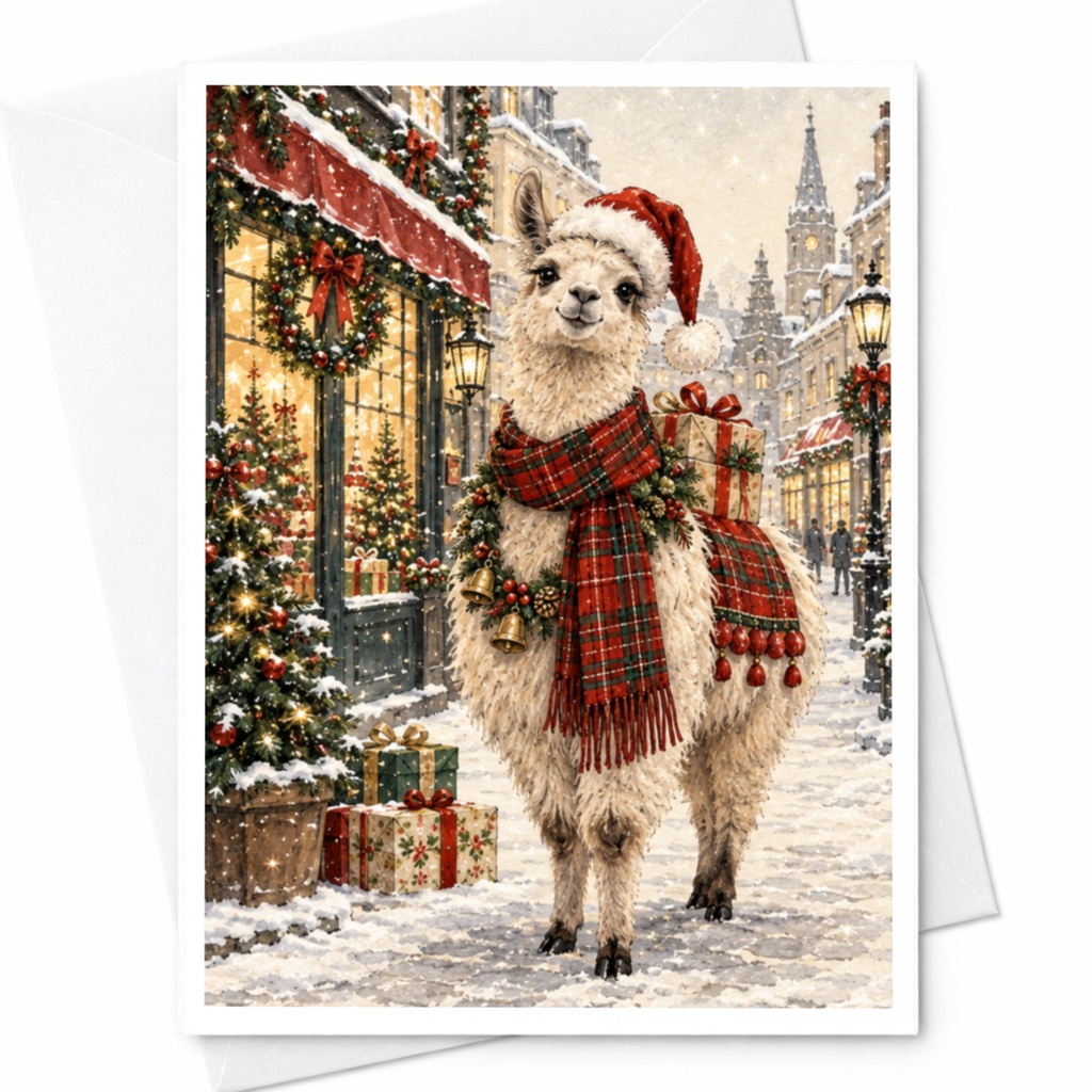 Festive Llama Christmas Card Cute Holiday Greeting Card For Animal Lover Winter Scene With Gifts And Snow C7787