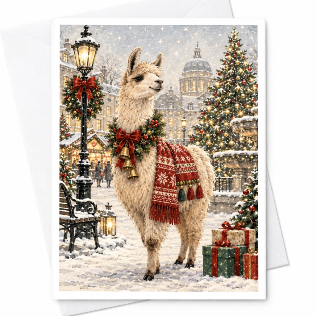 Festive Llama Christmas Card Cute Winter Scene Holiday Greeting Card For Animal Lover Seasonal Snowy Cityscape C7788